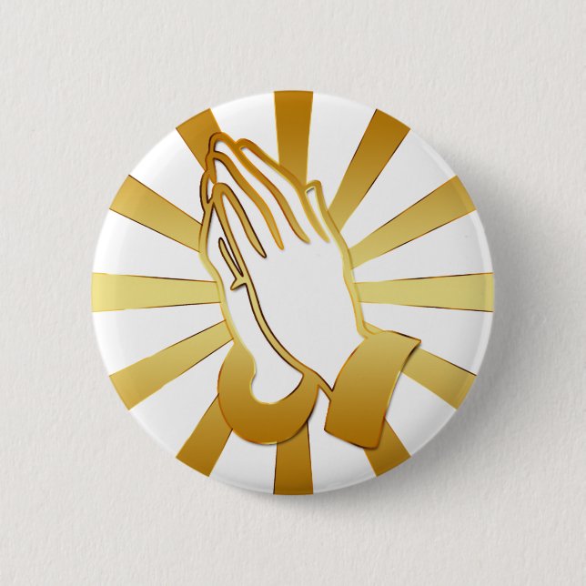 GOLD AND WHITE PRAYING HANDS 6 CM ROUND BADGE (Front)