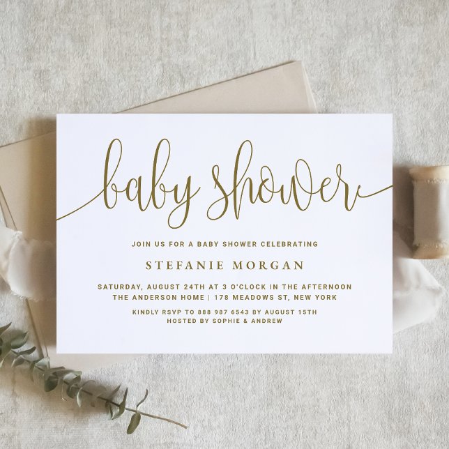 Gold and White Pretty Calligraphy Baby Shower Invitation (Creator Uploaded)
