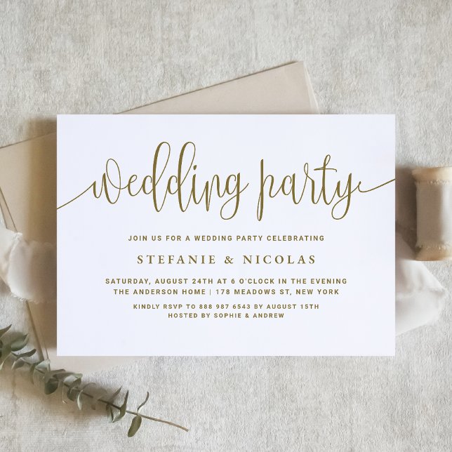 Gold and White Pretty Calligraphy Wedding Party Invitation (Creator Uploaded)