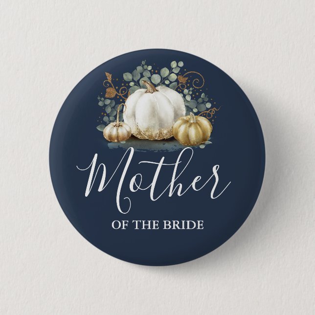 Gold and White Pumpkin Fall Wedding Navy Blue 6 Cm Round Badge (Front)