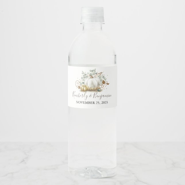 Gold and White Pumpkin Fall Wedding Water Bottle Label (Front)