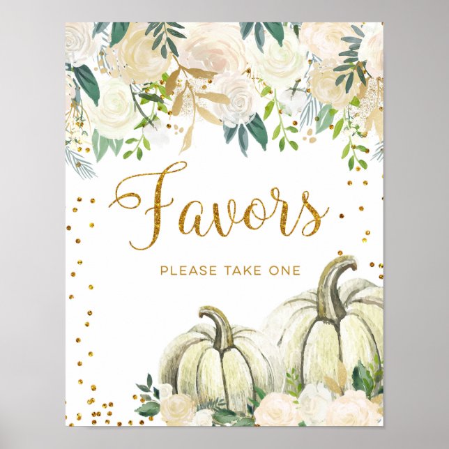 Gold and White Pumpkin Party Favors Sign (Front)