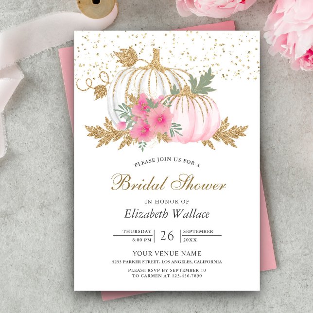Gold and White Pumpkin Pink Floral Bridal Shower Invitation (Creator Uploaded)