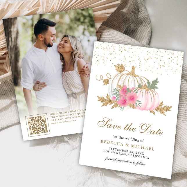 Gold and White Pumpkin Pink Floral Wedding Photo Save The Date (Creator Uploaded)