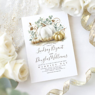 Gold and White Pumpkins Rustic Modern Fall Wedding Invitation