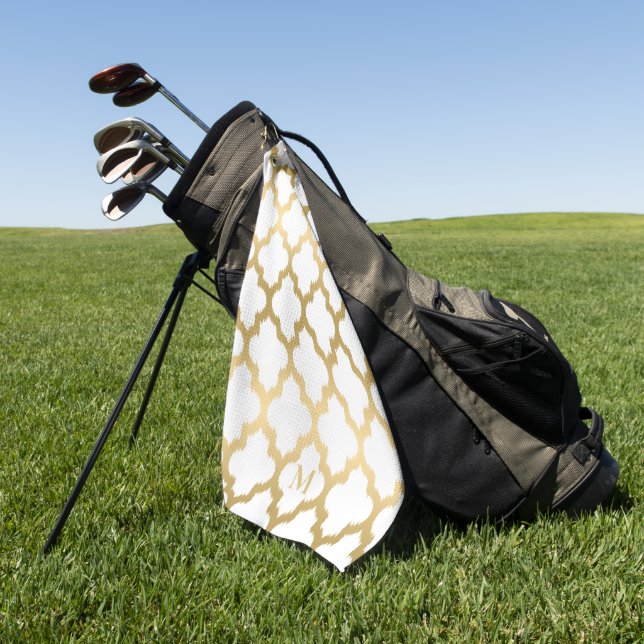 Gold and White Quatrefoil Pattern Monogram Golf Towel (Green)