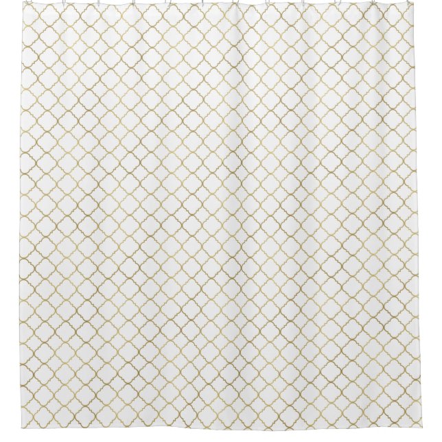 Gold and White Quatrefoil Shower Curtain (Front)