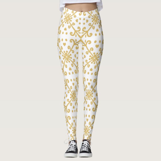 Gold and white retro pattern  leggings (Front)