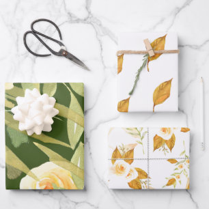 Gold and White Roses and Foliage Assorted Wrapping Paper Sheet
