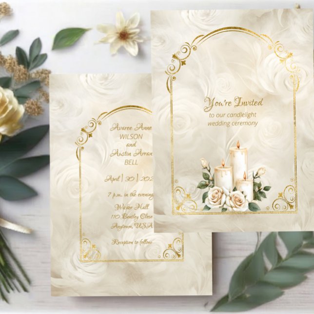 Gold and White Roses Arch Frame Candlelight Invitation (Creator Uploaded)