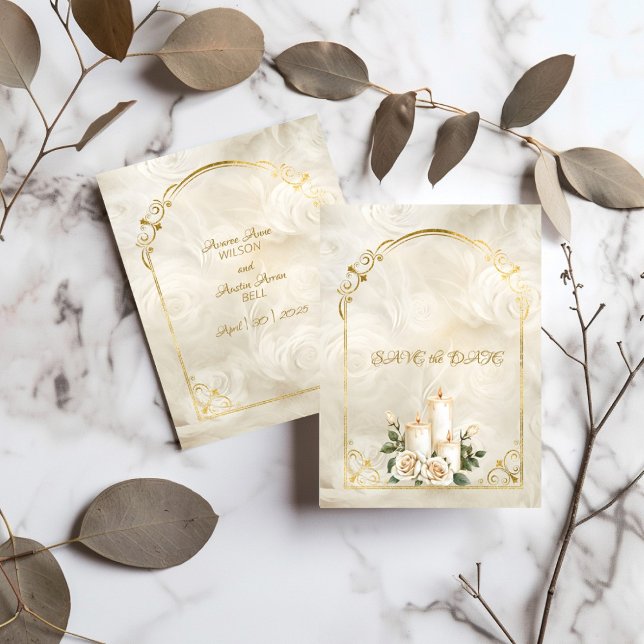 Gold and White Roses Arch Frame Candlelight Save The Date (Creator Uploaded)