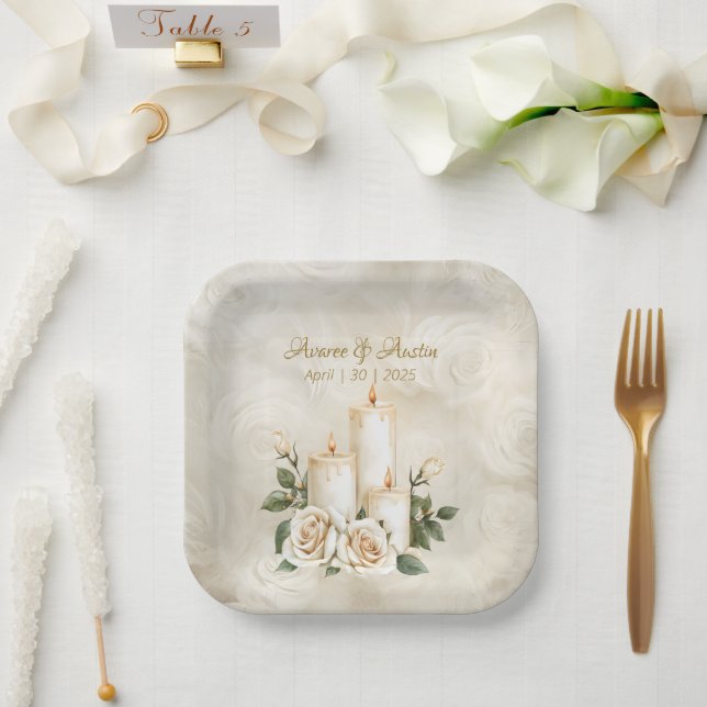 Gold and White Roses  Candlelight Paper Plate (Wedding)