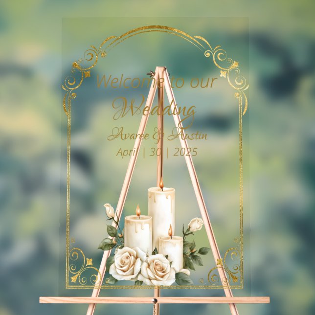 Gold and White Roses Candlelight Welcome Acrylic Sign (Neutral)