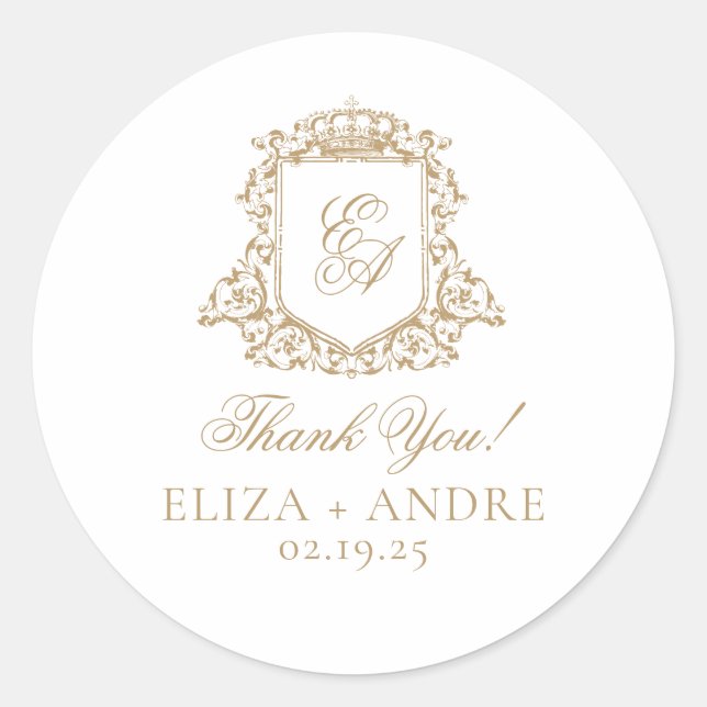 Gold and White Royal Monogram Crest Wedding Classic Round Sticker (Front)