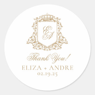Gold and White Royal Monogram Crest Wedding Classic Round Sticker