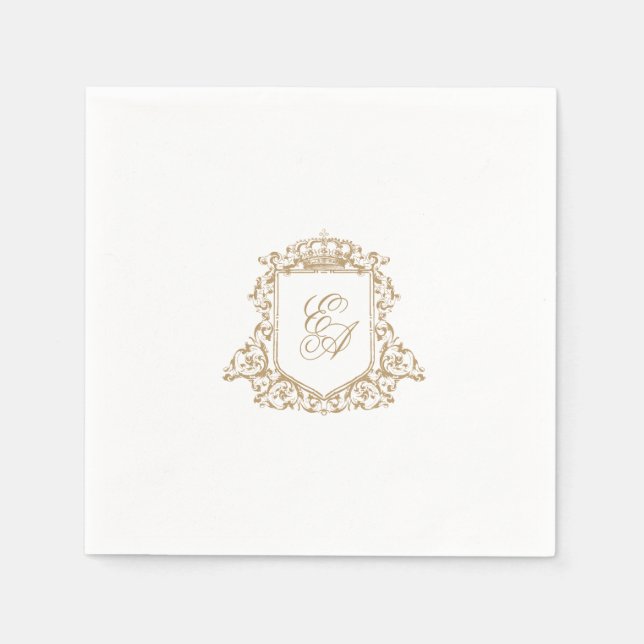 Gold and White Royal Monogram Crest Wedding Napkin (Front)