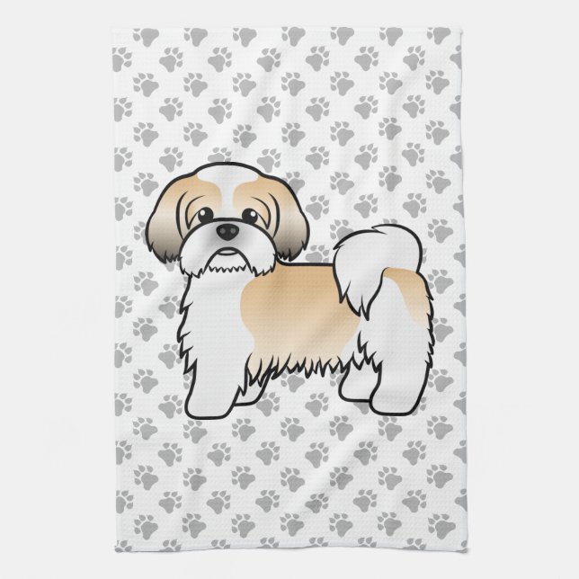 Gold And White Shih Tzu Cute Cartoon Dog Tea Towel (Vertical)