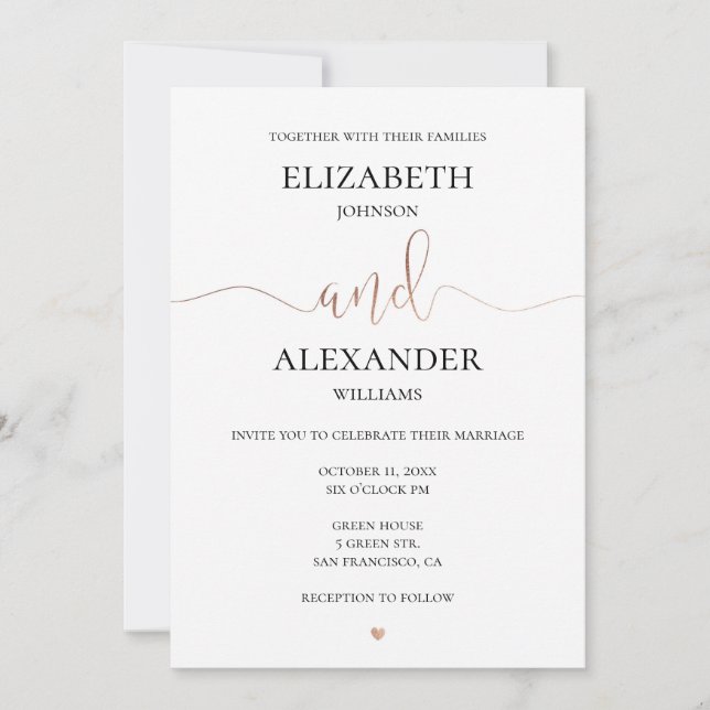 Gold and white simple wedding. Elegant calligraphy Invitation (Front)