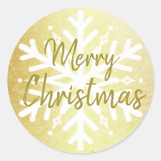Gold and White Snowflakes Merry Christmas Classic Round Sticker (Front)