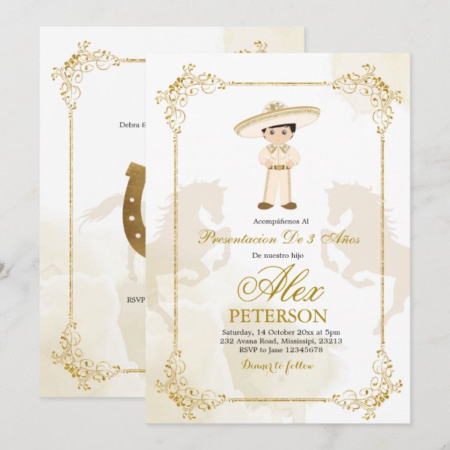 Gold and White Spanish Mexican Boy Charro Invitation (Front/Back)