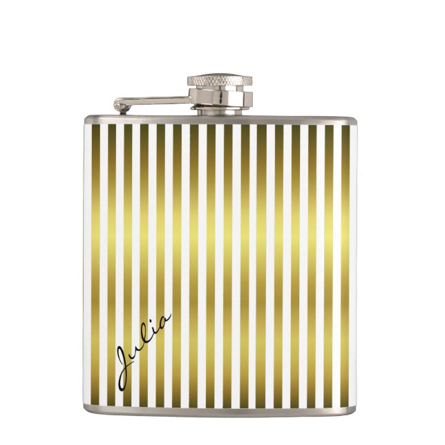 Gold and White Striped Custom Flask (Front)