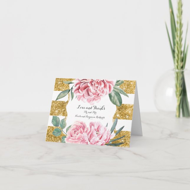 Gold and White Stripes Floral Wedding Thank You Card (Front)