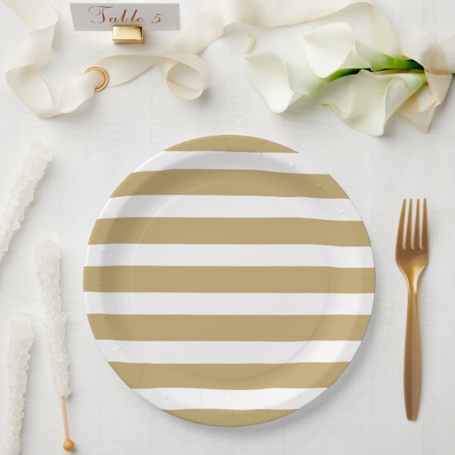 Gold and White Stripes Paper Plate (Wedding)