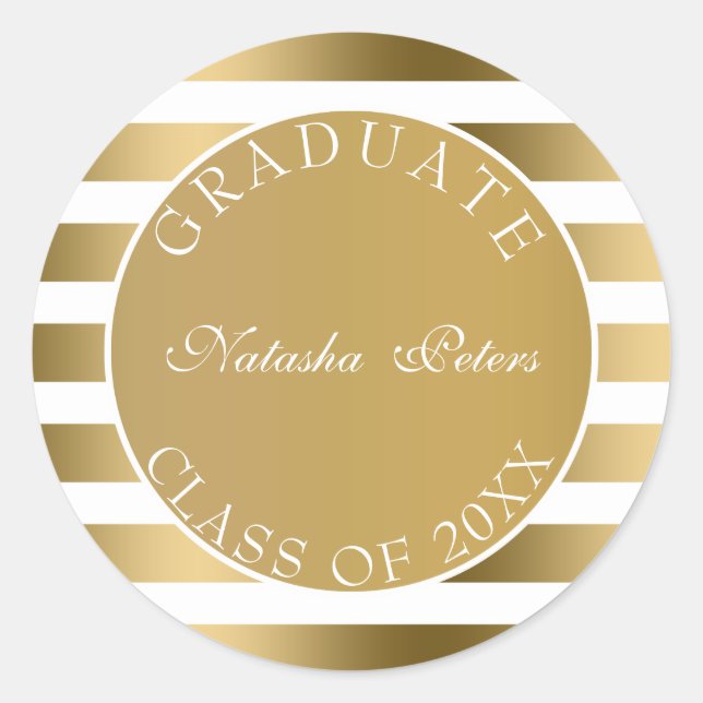 Gold And White Stripes Pattern- Graduate Classic Round Sticker (Front)