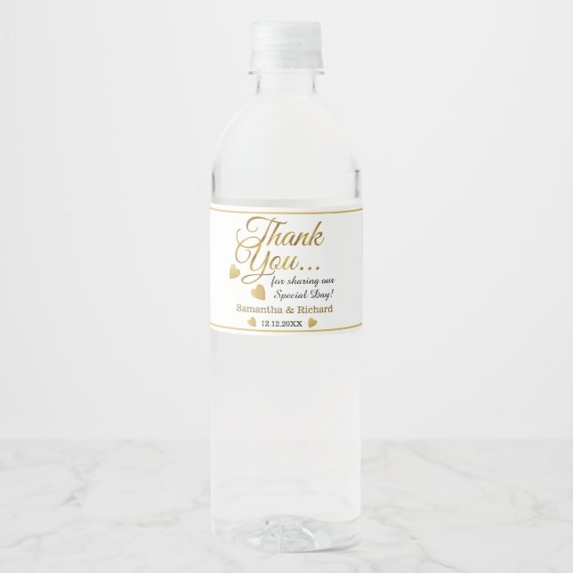 Gold And White Thank You Wedding  Party Favour Water Bottle Label (Front)