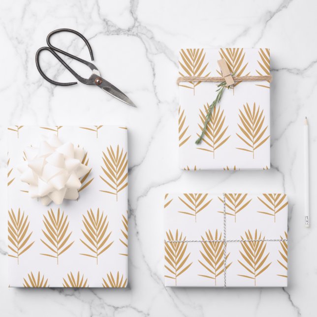 Gold and White Tropical Palm Leaves Pattern  Wrapping Paper Sheet (Front)