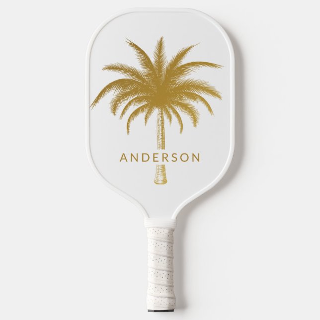 Gold and White Tropical Palm Tree Pickleball Paddle (Front)