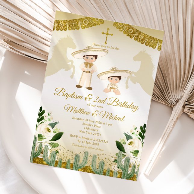 Gold and White Twin Boys Baptism & 2nd Birthday Invitation (Creator Uploaded)