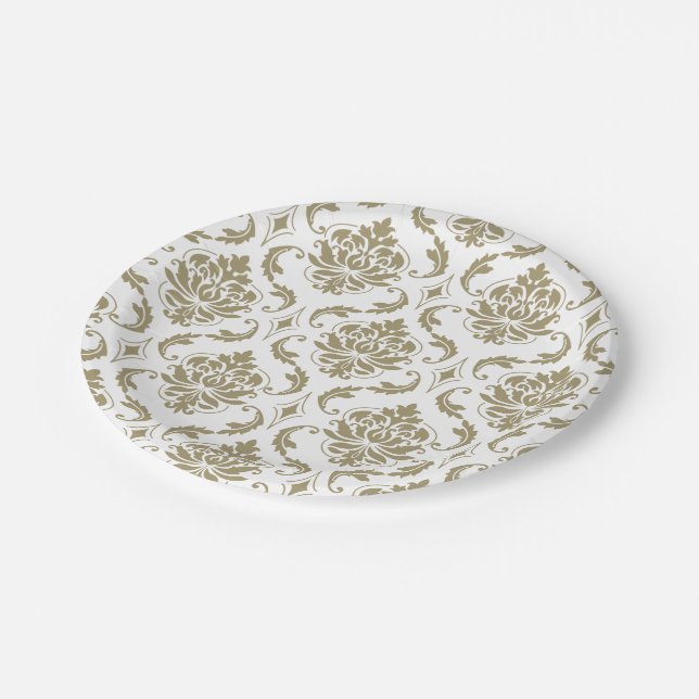 Gold and White Vintage Damask Pattern Paper Plate (Angled)