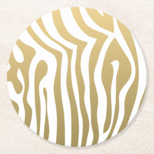Gold and White Zebra Stripes Pattern Round Paper Coaster