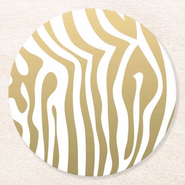 Gold and White Zebra Stripes Pattern Round Paper Coaster (Front)