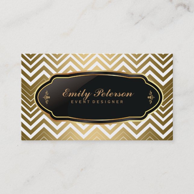 Gold And White Zigzag Chevron Business Card (Front)