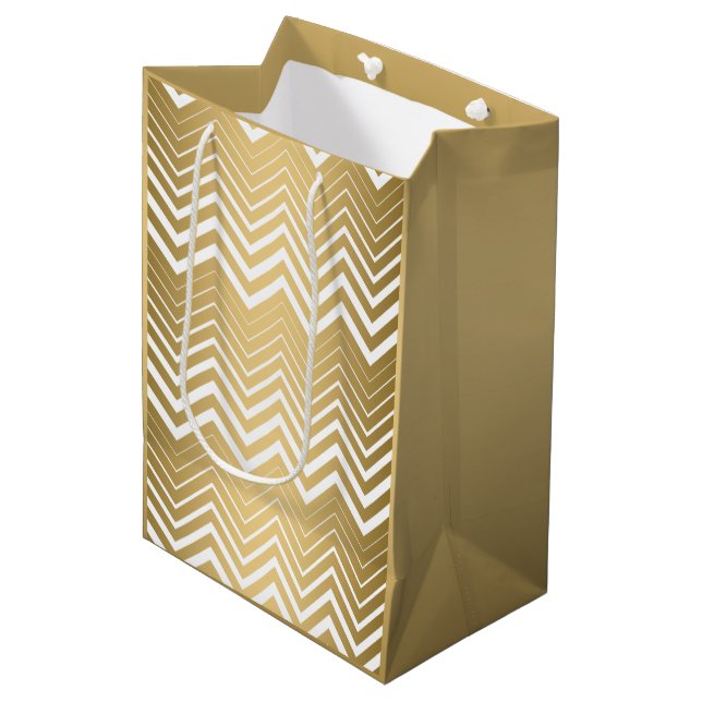 Gold And White Zigzag Chevron Medium Gift Bag (Front Angled)