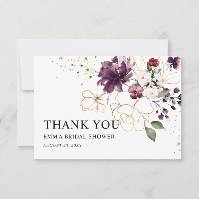 Gold and Wine Floral Thank Bridal Shower Thank You Card (Front)