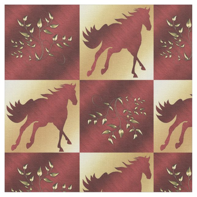 Gold and Wine Horse Print Blocks Fabric (Close Up)