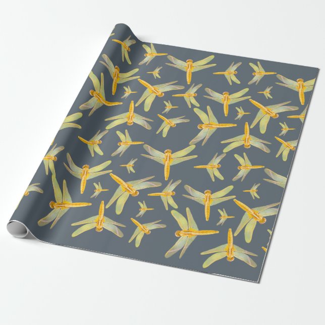 Gold and yellow coloured dragonflies wrapping paper (Unrolled)