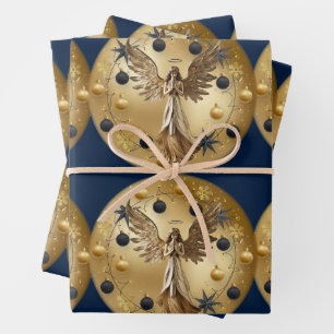 Gold Angel Blue Black Christmas Wreath Wrapping Paper Sheet