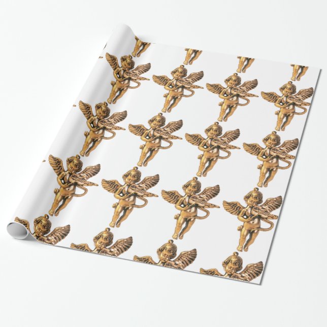 Gold Angel Christmas Holiday Decoration Wrapping Paper (Unrolled)