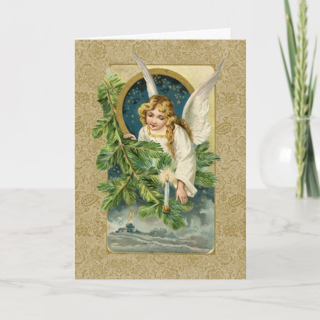 Gold Angel Merry Christmas Night Vintage Holiday (Front)
