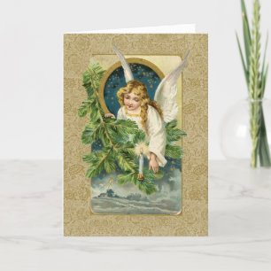 Gold Angel Merry Christmas Night Vintage Holiday Card