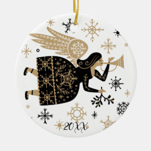 Gold Angel Stars Christmas Carol Folkart  Ceramic Tree Decoration