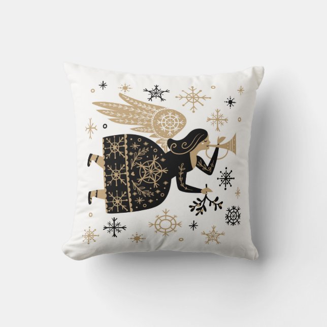 Gold Angel Stars Christmas Carol Folkart Cushion (Front)