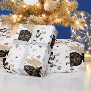 Gold Angel Stars Christmas Carol Folkart   Wrapping Paper