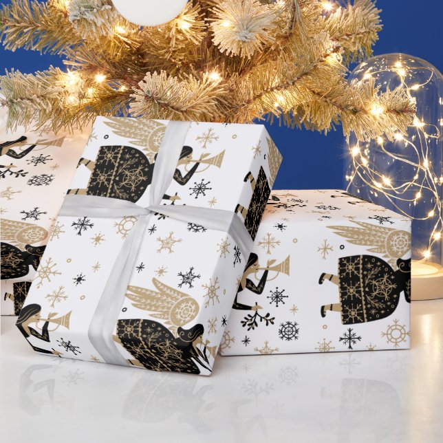 Gold Angel Stars Christmas Carol Folkart   Wrapping Paper (Holidays)