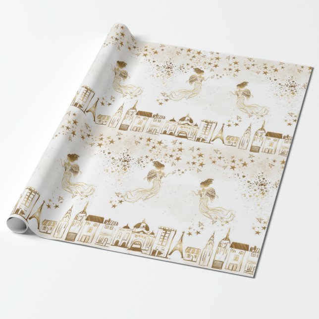 Gold Angel Village Star Dust Gift Wrapping Paper (Unrolled)