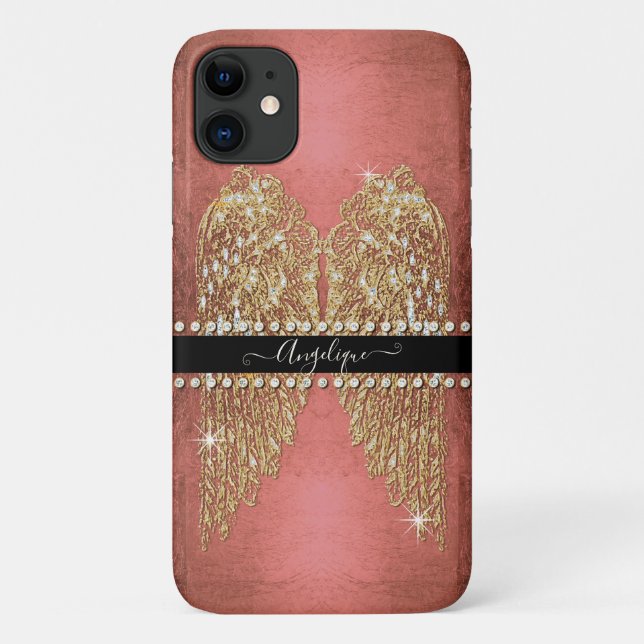 Gold Angel Wings Bright Pink Foil Diamond Jewel Case-Mate iPhone Case (Back)